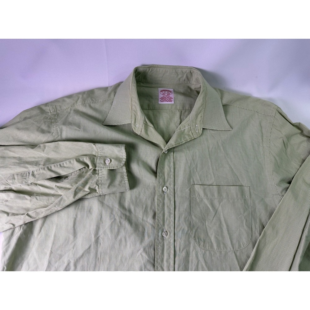 Brooks Brothers Button Down Shirt Mens Size 17 Green Gingham Check Long‎ Sleeve